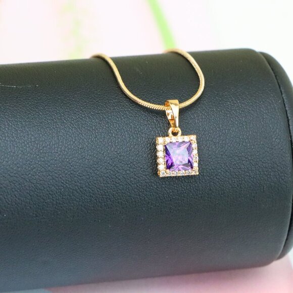 "Rose Gold Pendant with Purple Princess-Cut Stone and Crystal Border, XPPT1277 - Picture 3 of 13